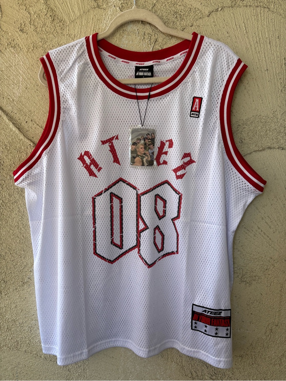 ATEEZ White Mesh Jersey with Red Trim and 08 Graphic